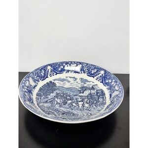 LG SANYEI 14" BLUE/WHITE SERVING BOWL, VTG COACHING SCENE TRANSFER WARE
